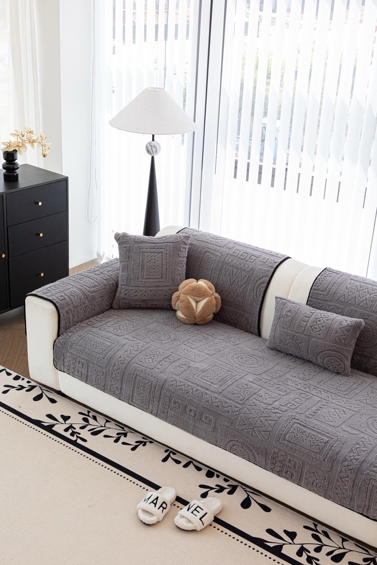 Sofa Decor Elara Geometric Plush Sofa Seat Cover in Slate Grey - detail image for geometric plush couch cover pieces in the UK