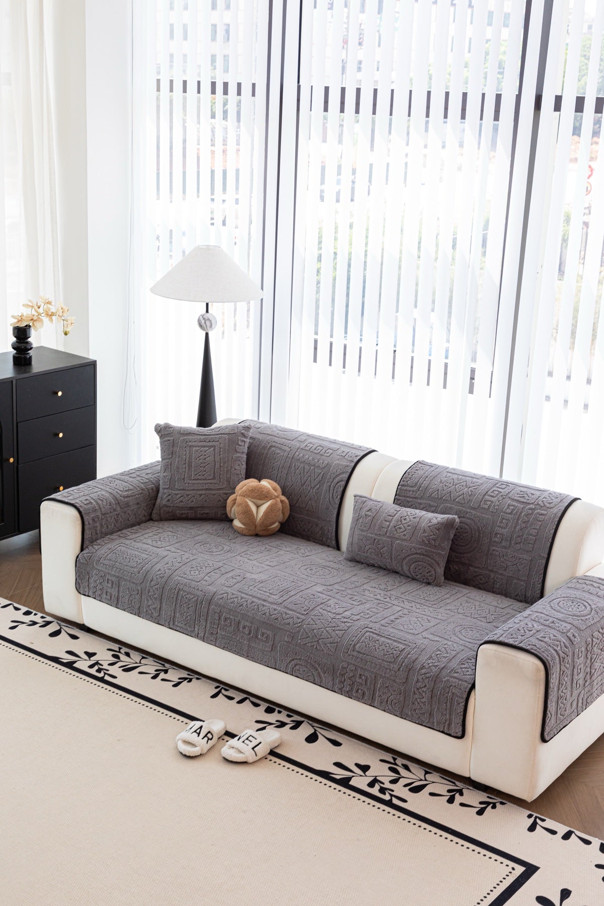 Sofa Decor Elara Geometric Plush Sofa Seat Cover in Slate Grey - detail image for geometric plush couch cover pieces in the UK