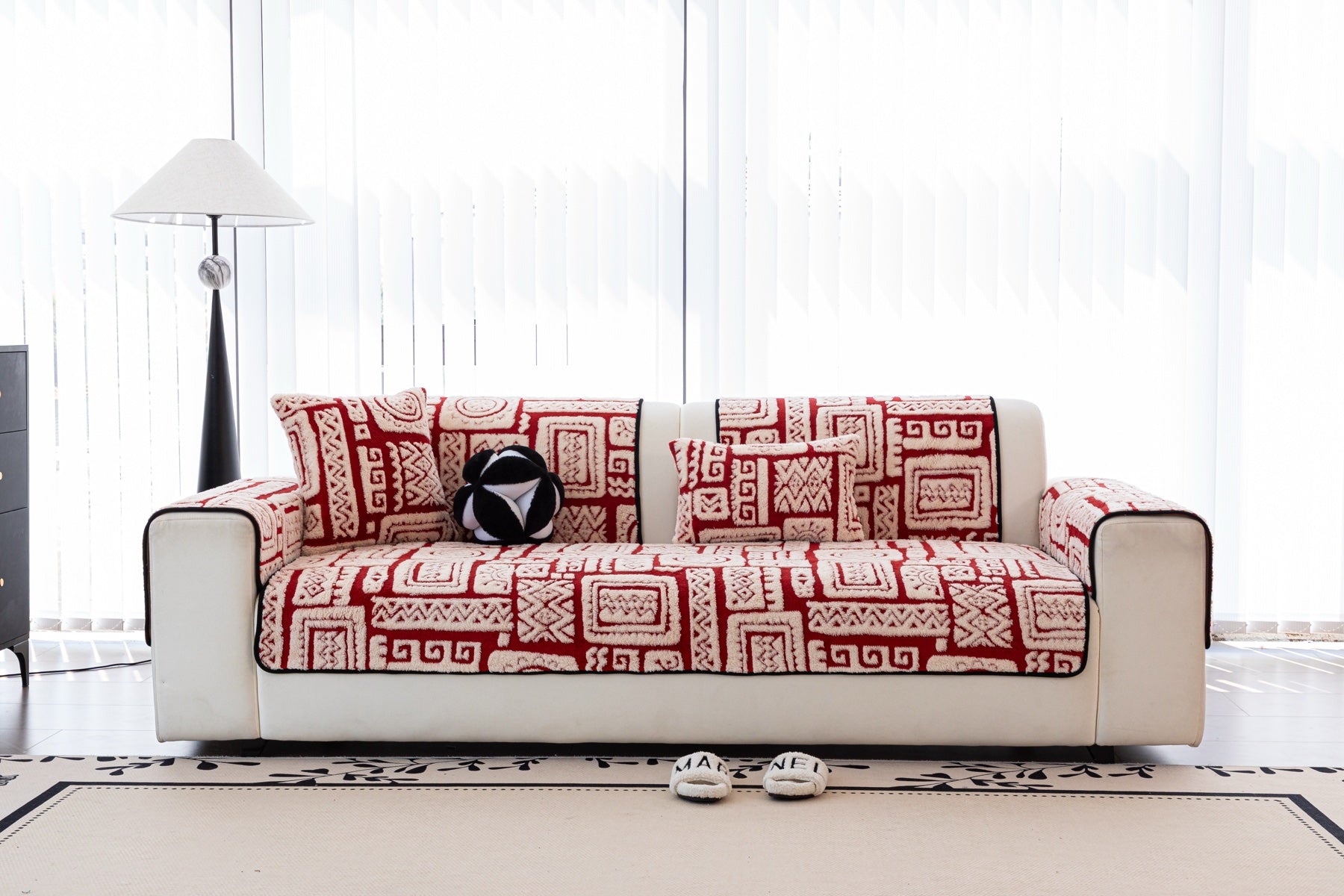 Sofa Decor Elara Geometric Plush Sofa Seat Cover in Terracotta Red - lifestyle image for geometric plush couch cover pieces in the UK