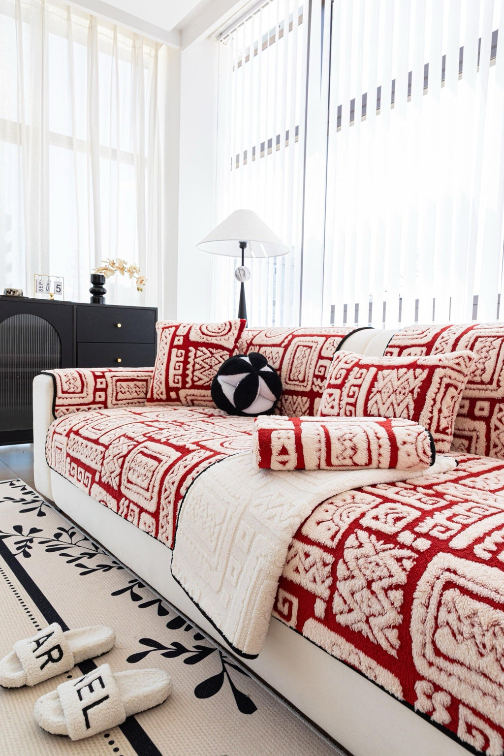 Sofa Decor Elara Geometric Plush Sofa Seat Cover in Terracotta Red - detail image for geometric plush couch cover pieces in the UK
