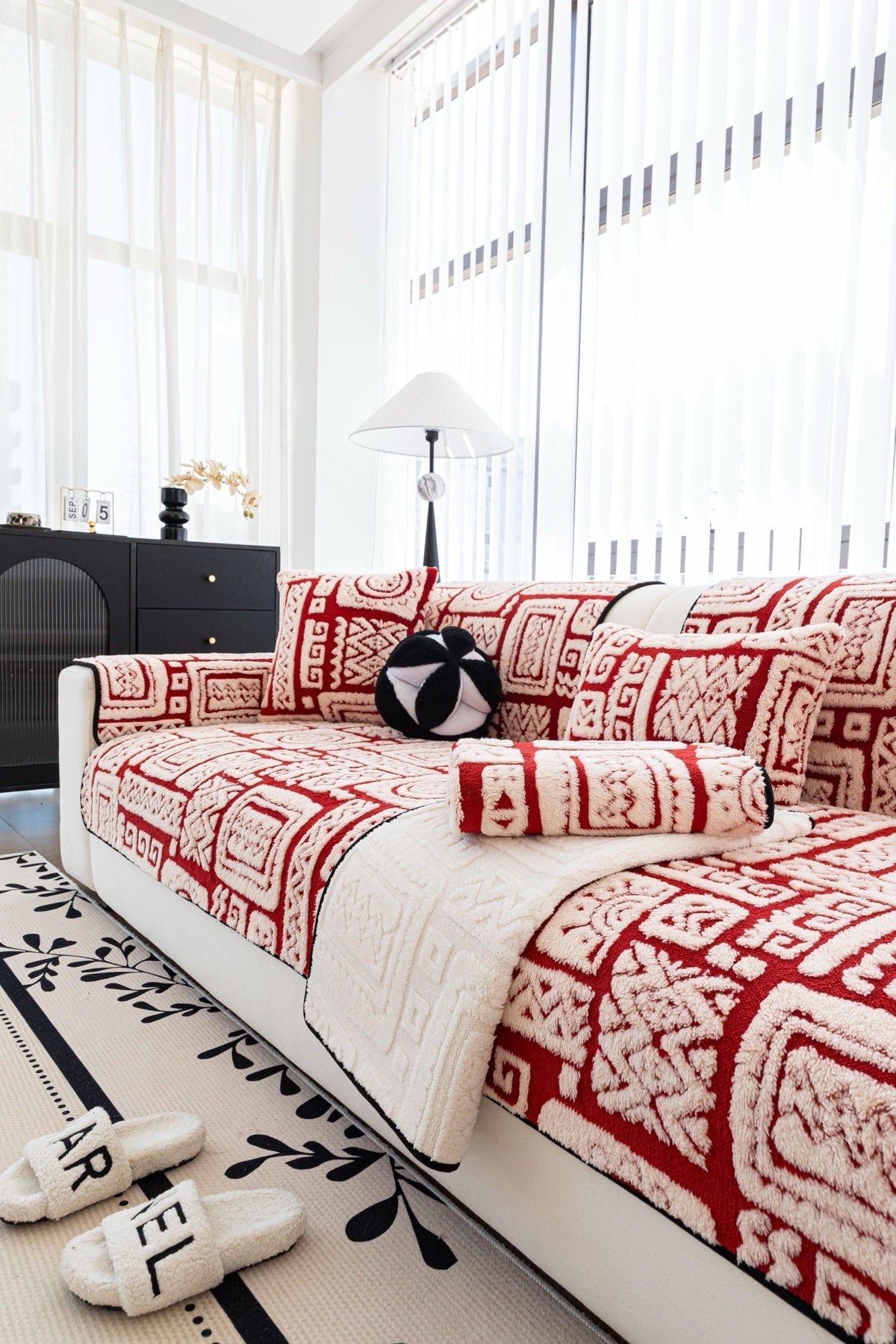 Sofa Decor Elara Geometric Plush Sofa Seat Cover in Terracotta Red - detail image for geometric plush couch cover pieces in the UK