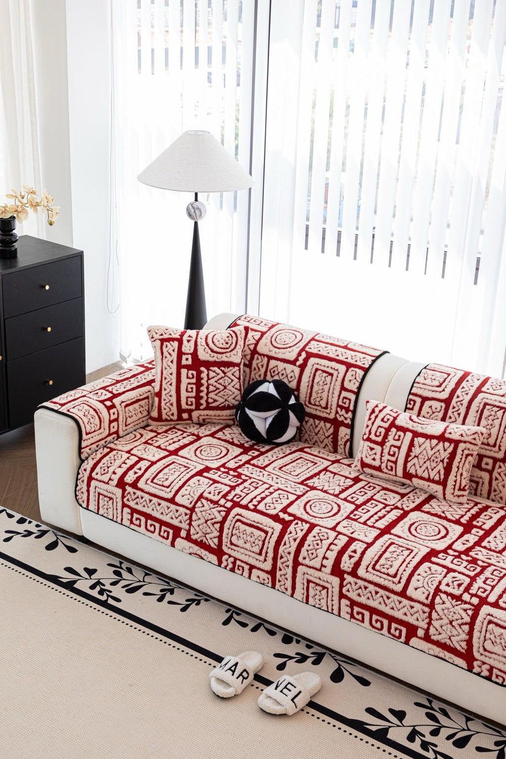 Sofa Decor Elara Geometric Plush Sofa Seat Cover in Terracotta Red - detail image for geometric plush couch cover pieces in the UK