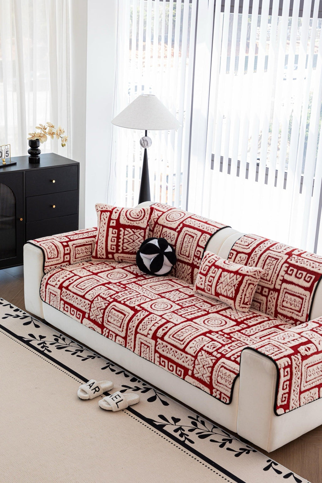 Sofa Decor Elara Geometric Plush Sofa Seat Cover in Terracotta Red - detail image for geometric plush couch cover pieces in the UK