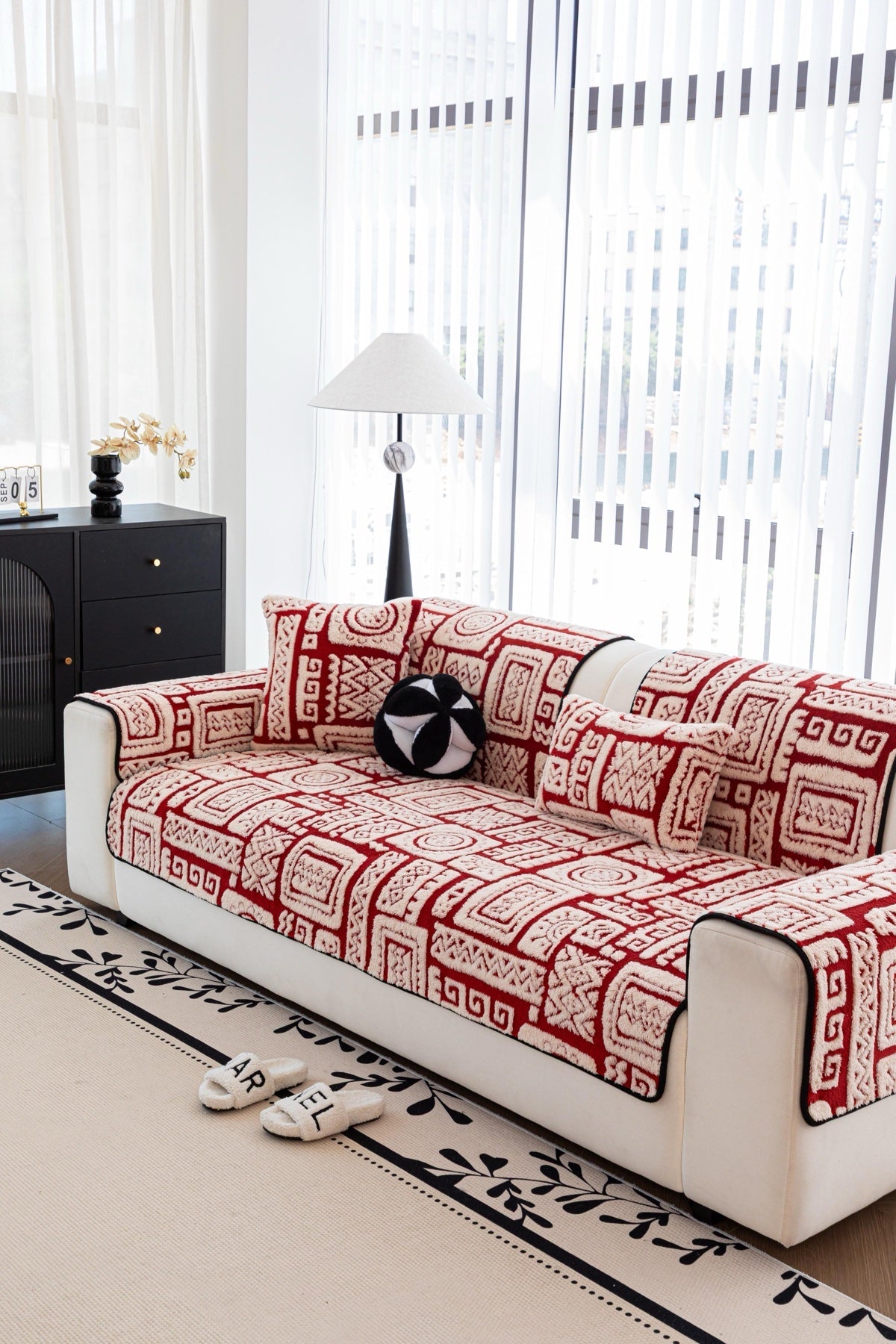 Sofa Decor Elara Geometric Plush Sofa Seat Cover in Terracotta Red - detail image for geometric plush couch cover pieces in the UK