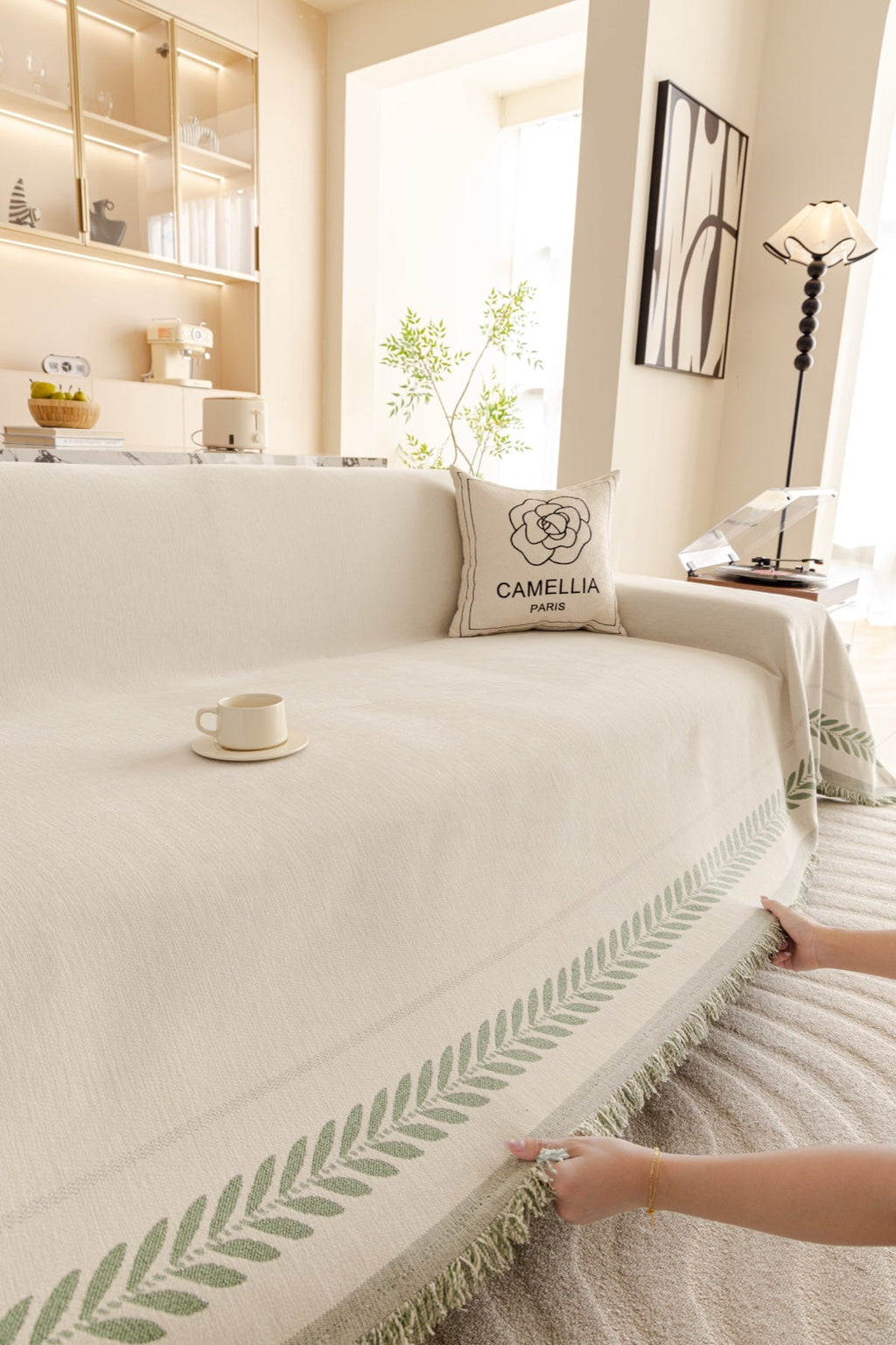 Sofa Decor Elowen Olive Border Sofa Throw Cover in Olive Border - olive border sofa throw cover styled couch cover in the UK, image 5