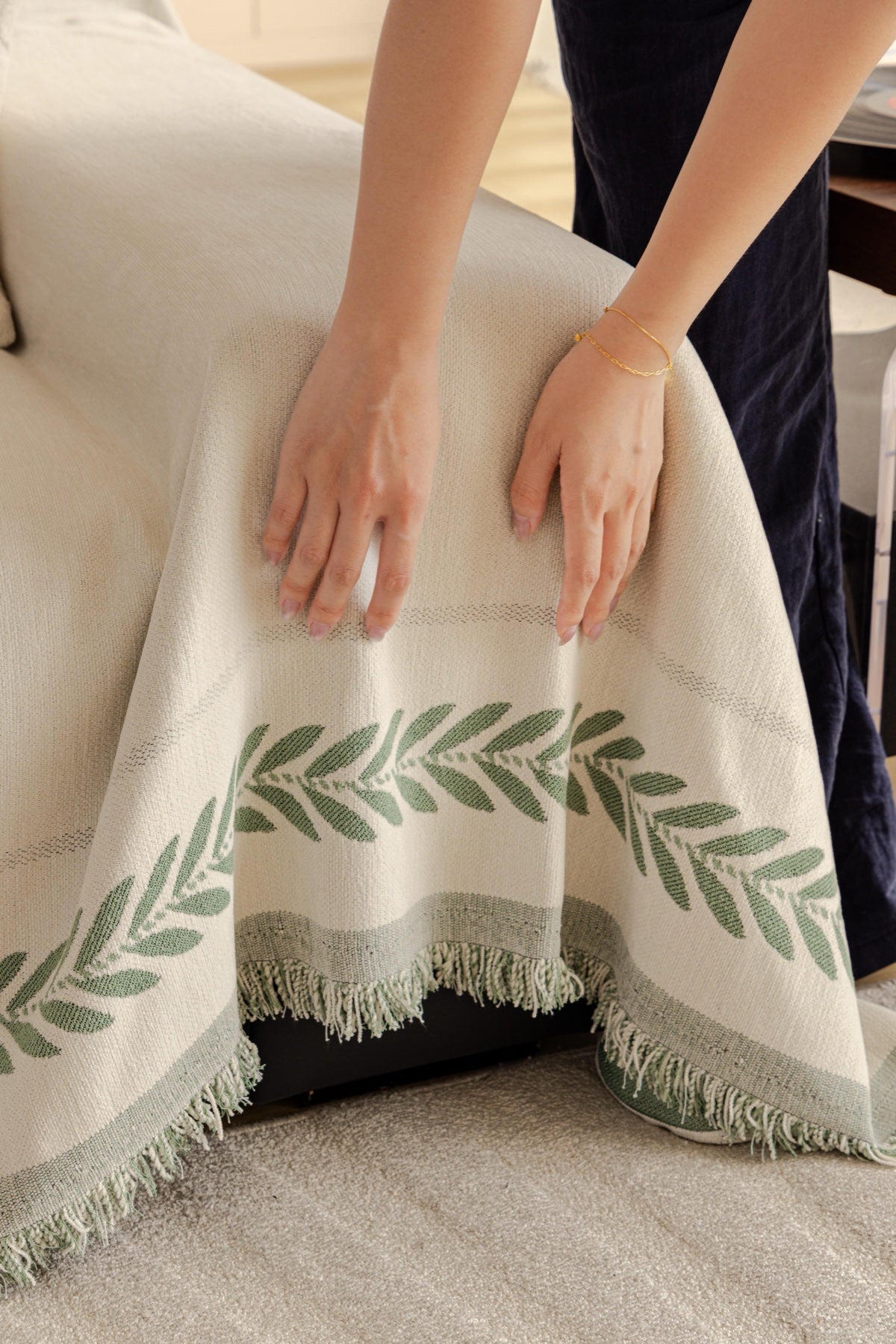 Sofa Decor Elowen Olive Border Sofa Throw Cover in Olive Border - olive border sofa throw cover hand and drape closeup in the UK, image 16