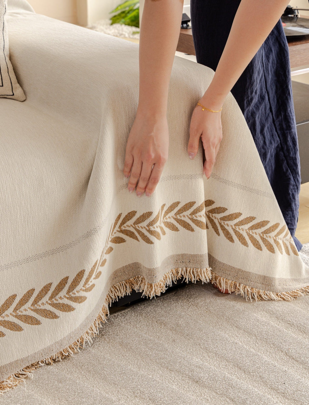 Sofa Decor Elowen Olive Border Sofa Throw Cover in Olive Border - olive border sofa throw cover hand and drape closeup in the UK, image 20
