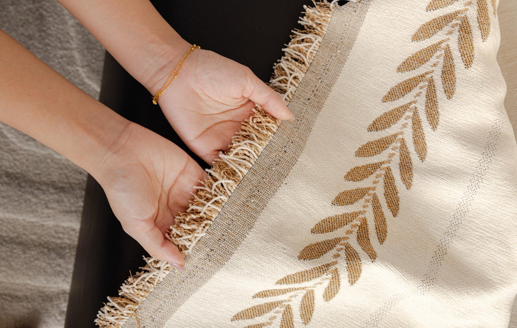 Sofa Decor Elowen Olive Border Sofa Throw Cover in Olive Border - olive border sofa throw cover hand and drape closeup in the UK, image 24