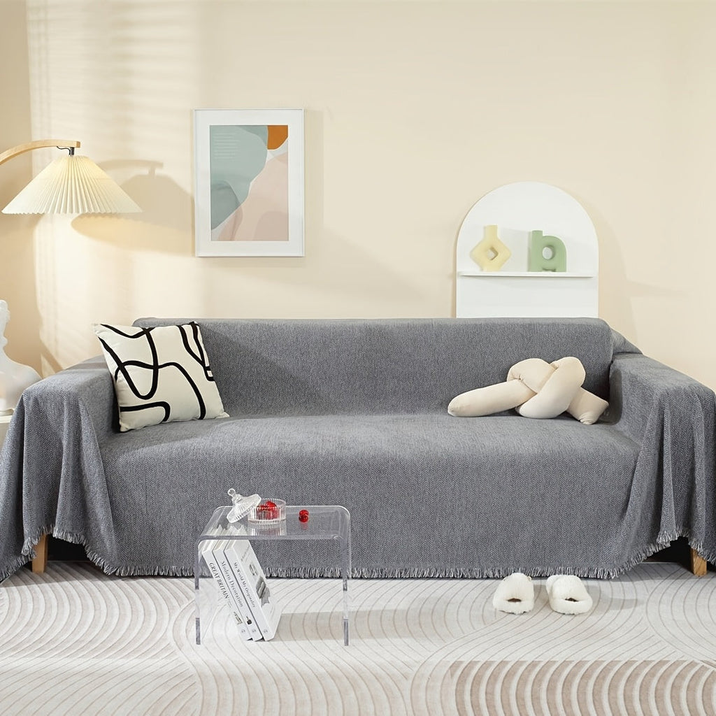Sofa Decor Slate Chenille Tassel Sofa Cover lifestyle product image for weather resistant sofa cover in the UK - Pet-Friendly