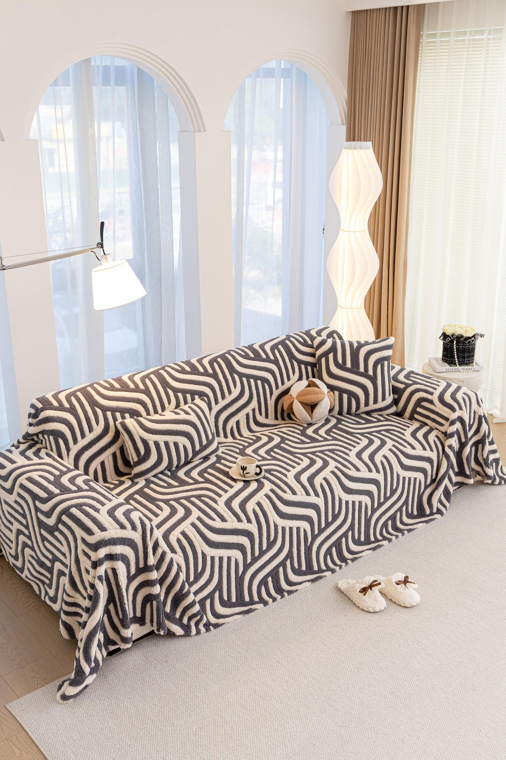 Sofa Decor Riviera Wave Stripe Sofa Cover in Grey Cream - styled sofa image for plush patterned couch covers in the UK