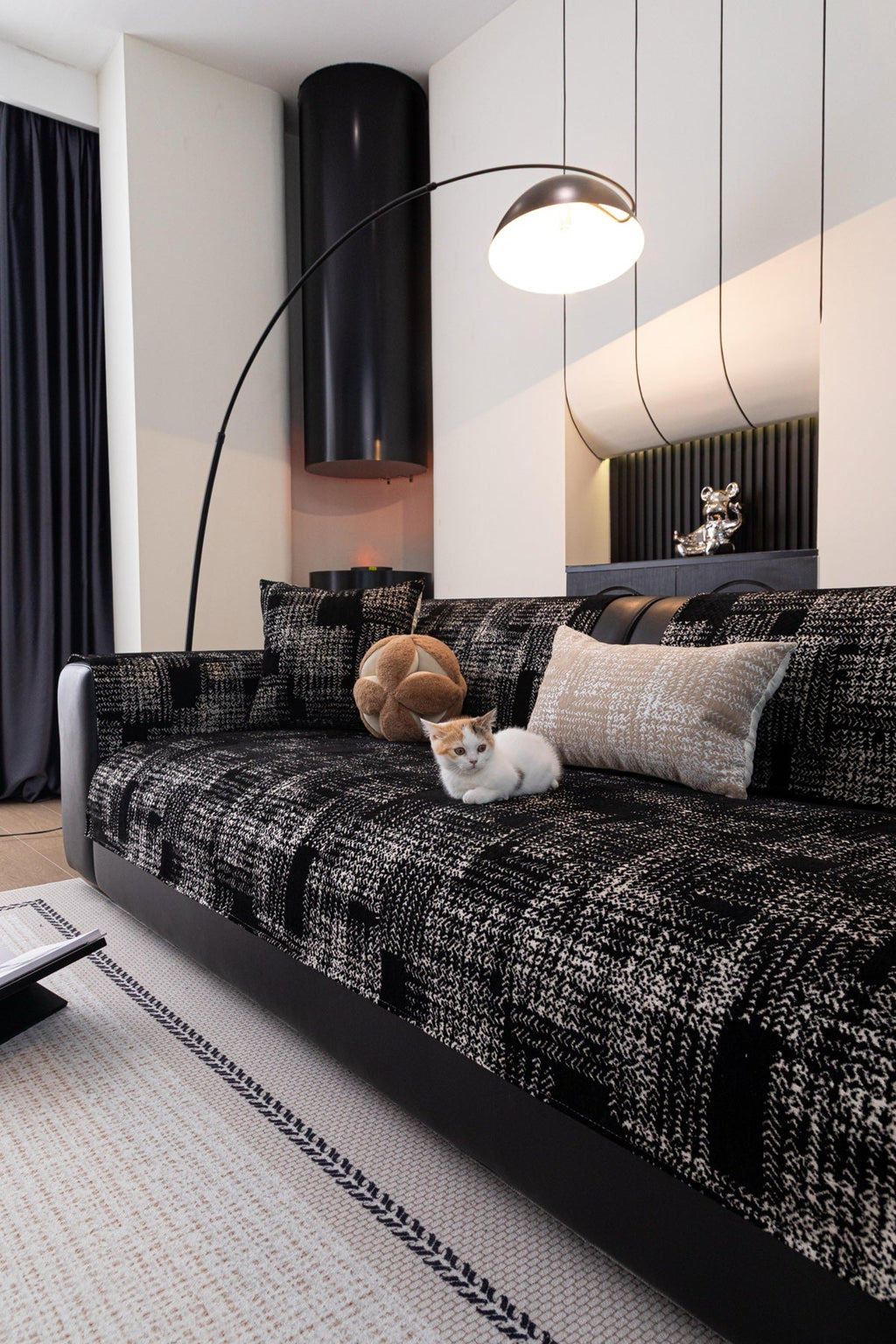 Sofa Decor Hampton Plaid Jacquard Sofa Seat Cover in Charcoal Black Plaid - styled sofa image for plaid sofa seat covers in the UK