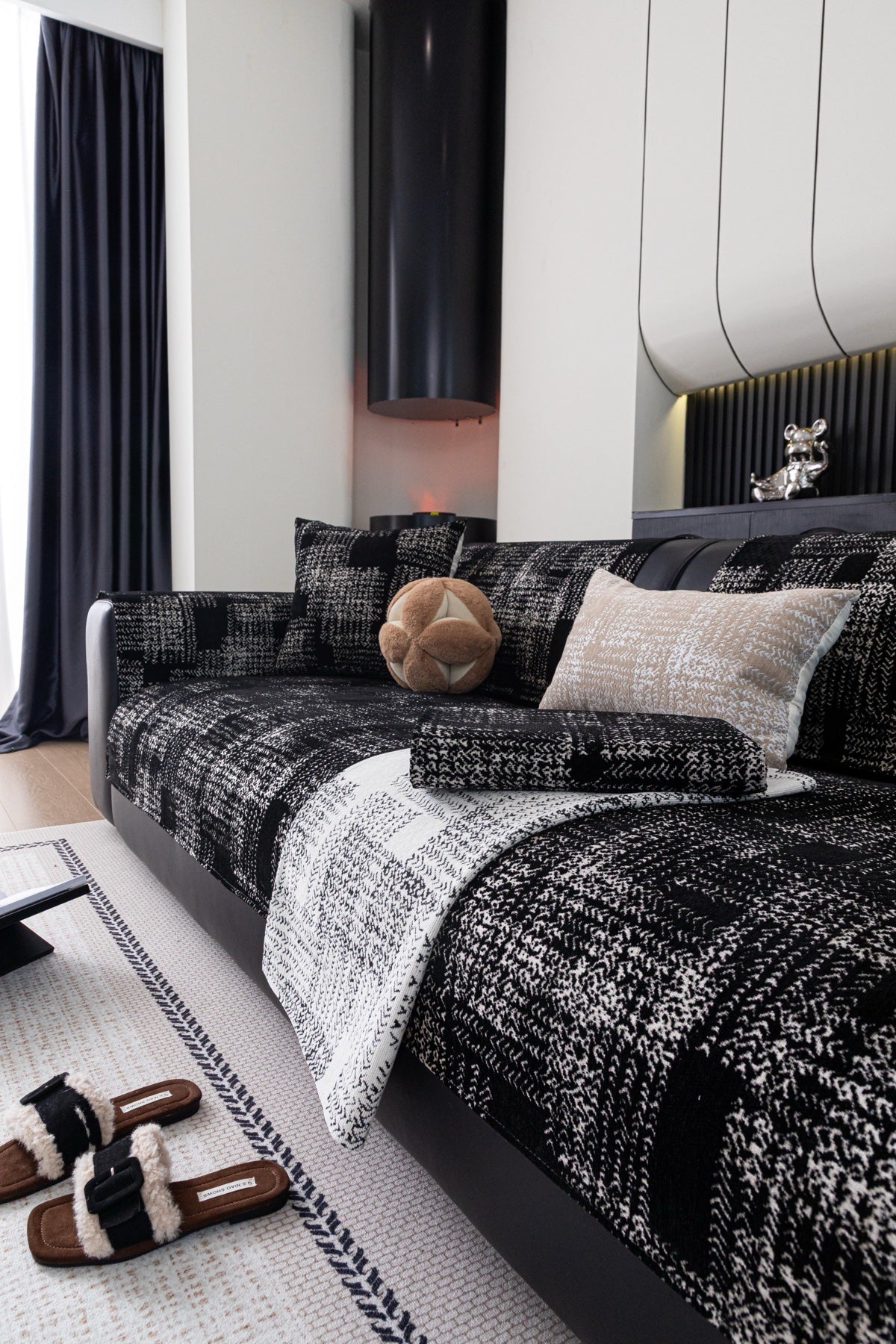 Sofa Decor Hampton Plaid Jacquard Sofa Seat Cover in Charcoal Black Plaid - styled sofa image for plaid sofa seat covers in the UK