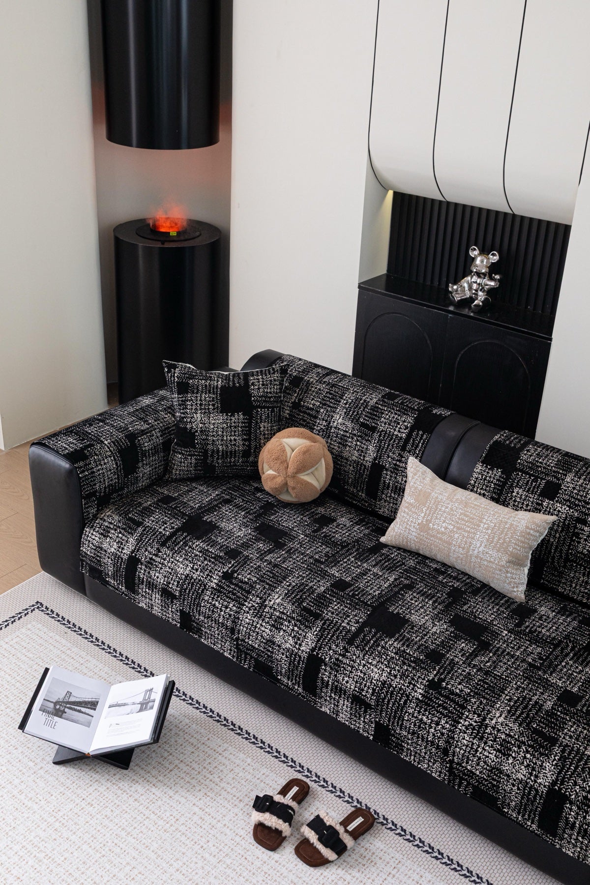 Sofa Decor Hampton Plaid Jacquard Sofa Seat Cover in Charcoal Black Plaid - styled sofa image for plaid sofa seat covers in the UK