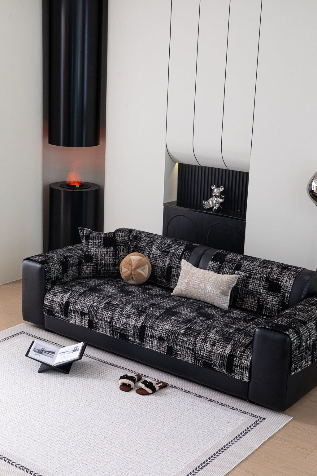 Sofa Decor Hampton Plaid Jacquard Sofa Seat Cover in Charcoal Black Plaid - styled sofa image for plaid sofa seat covers in the UK