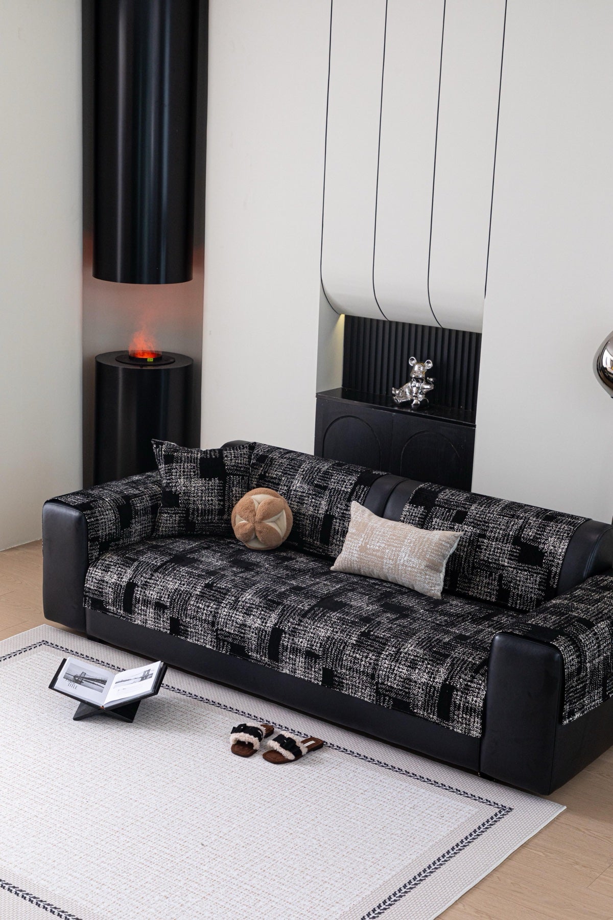 Sofa Decor Hampton Plaid Jacquard Sofa Seat Cover in Charcoal Black Plaid - styled sofa image for plaid sofa seat covers in the UK