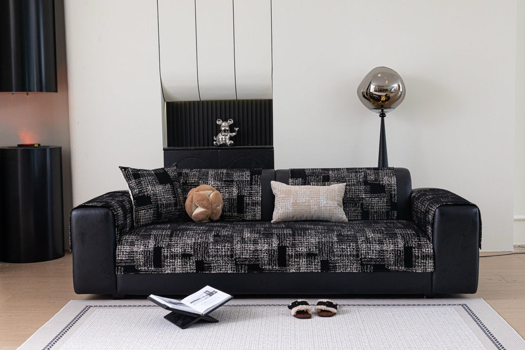 Sofa Decor Hampton Plaid Jacquard Sofa Seat Cover in Charcoal Black Plaid - styled sofa image for plaid sofa seat covers in the UK