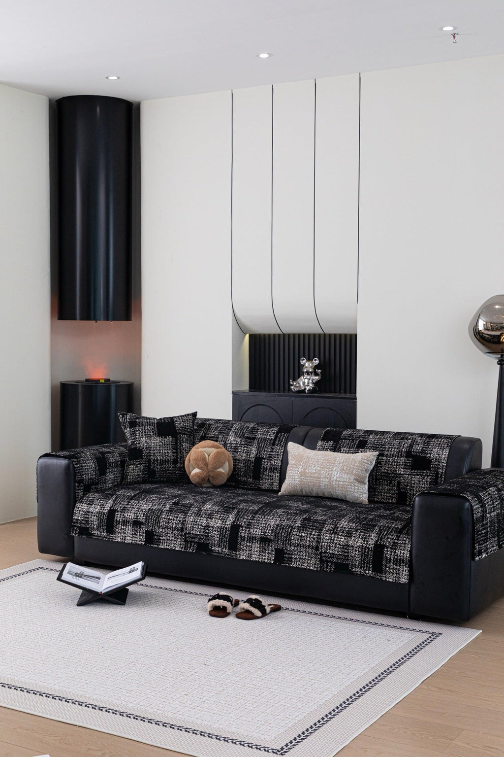 Sofa Decor Hampton Plaid Jacquard Sofa Seat Cover in Charcoal Black Plaid - styled sofa image for plaid sofa seat covers in the UK
