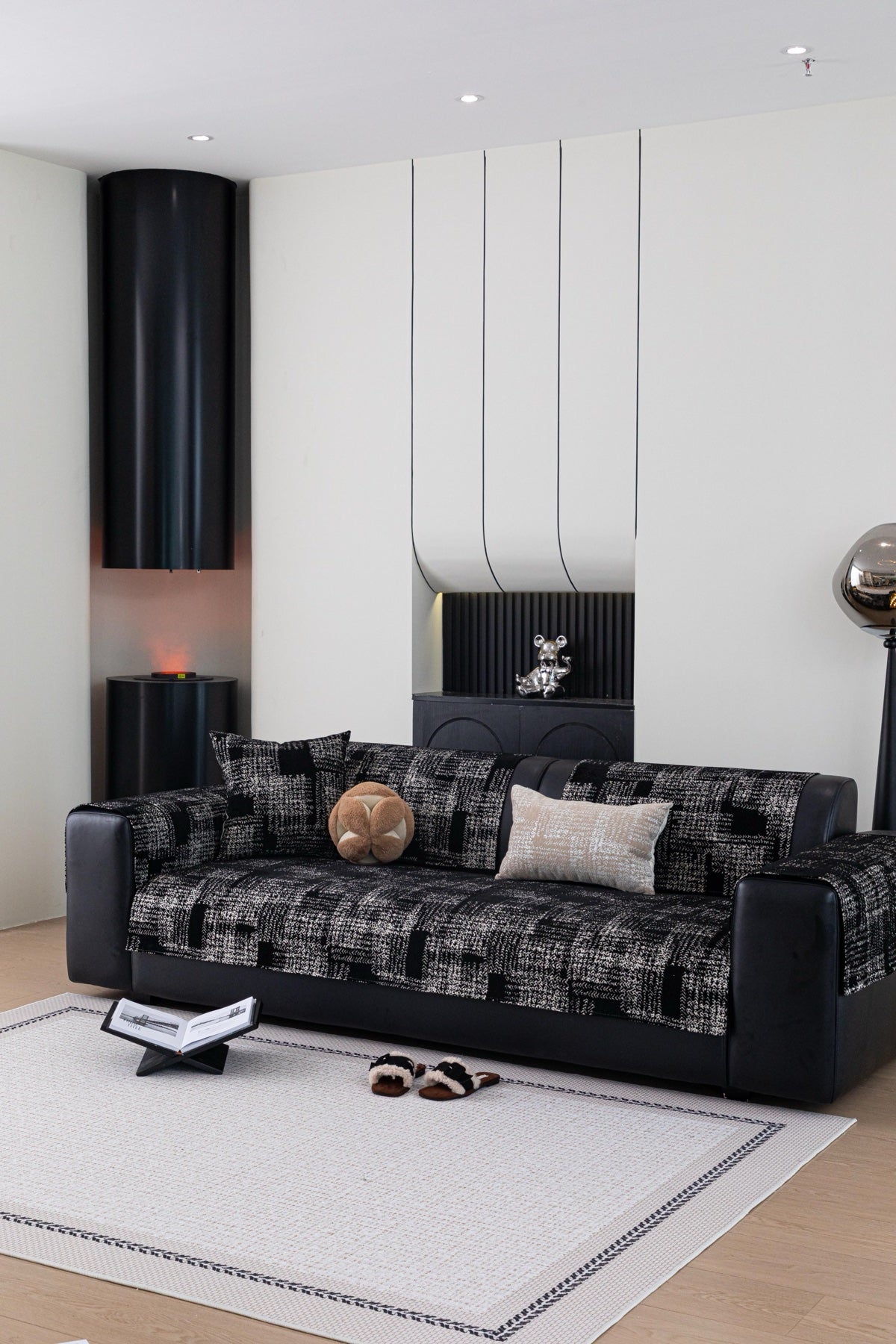 Sofa Decor Hampton Plaid Jacquard Sofa Seat Cover in Charcoal Black Plaid - styled sofa image for plaid sofa seat covers in the UK