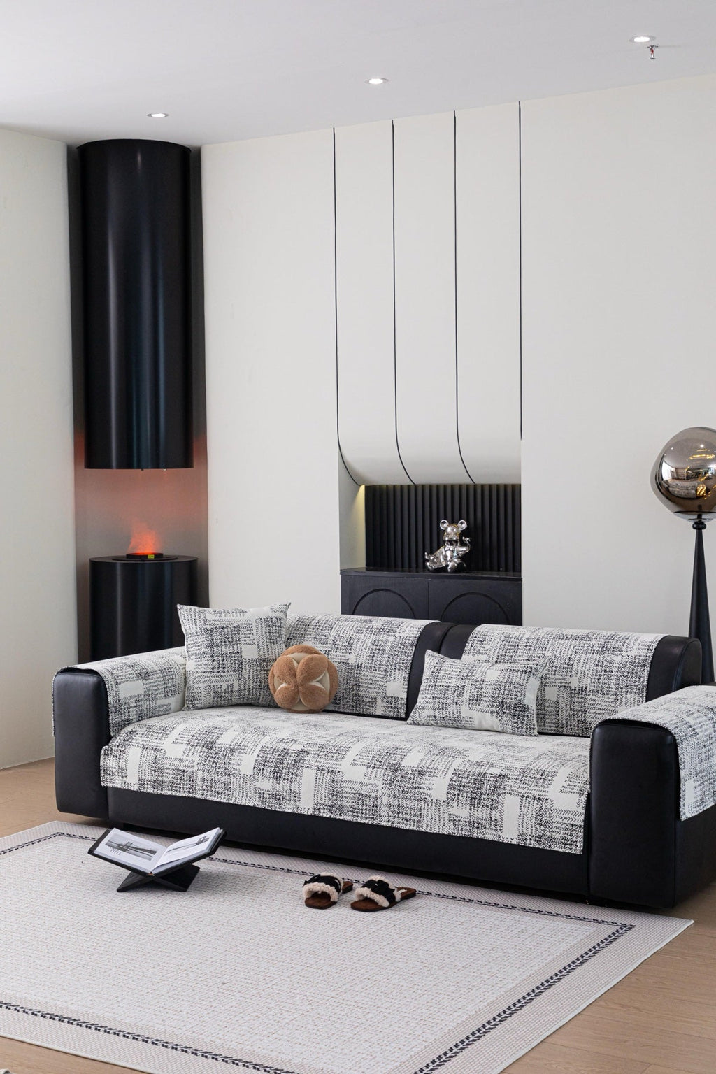 Sofa Decor Hampton Plaid Jacquard Sofa Seat Cover in Silver Grey Plaid - styled sofa image for plaid sofa seat covers in the UK