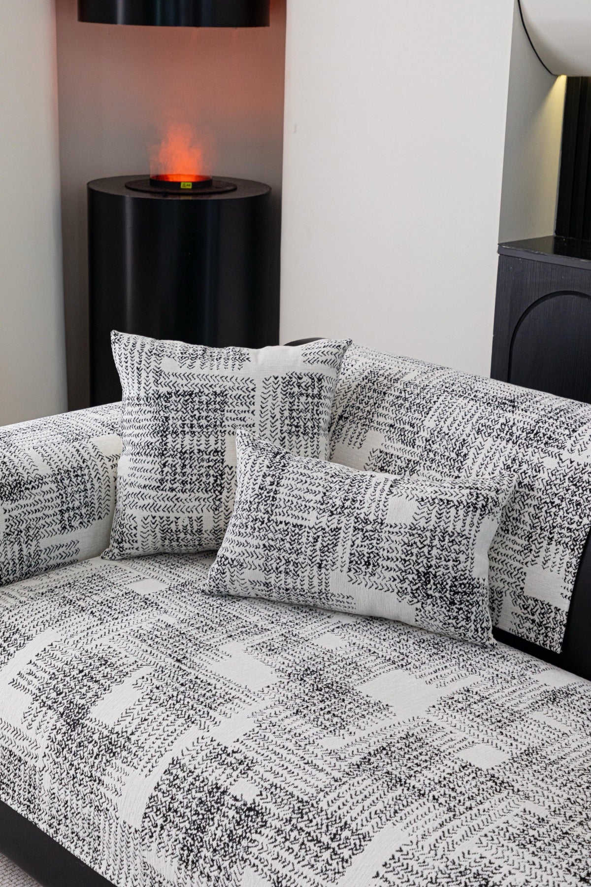 Sofa Decor Hampton Plaid Jacquard Sofa Seat Cover in Silver Grey Plaid - styled sofa image for plaid sofa seat covers in the UK