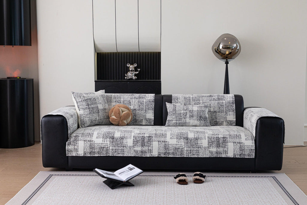 Sofa Decor Hampton Plaid Jacquard Sofa Seat Cover in Silver Grey Plaid - styled sofa image for plaid sofa seat covers in the UK
