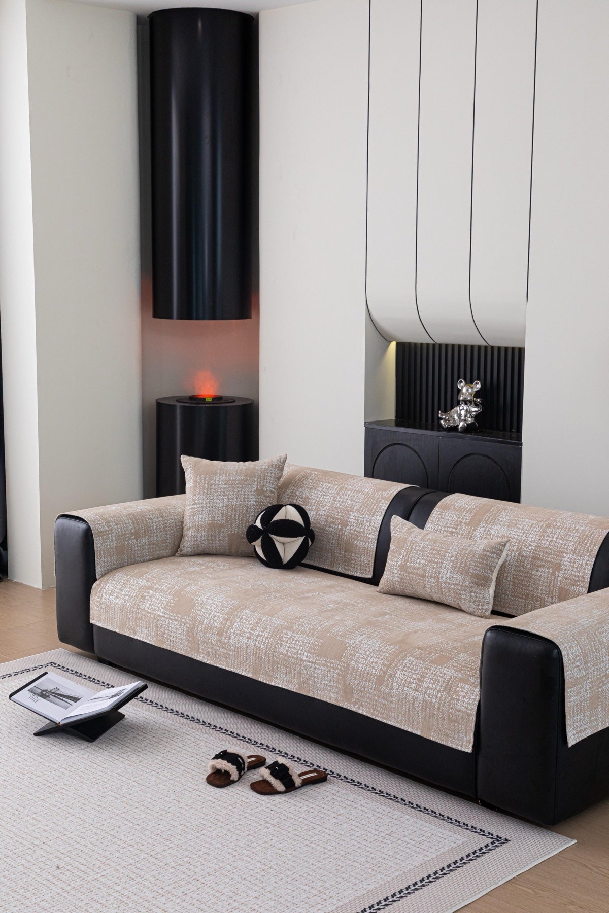 Sofa Decor Hampton Plaid Jacquard Sofa Seat Cover in Warm Beige Plaid - styled sofa image for plaid sofa seat covers in the UK