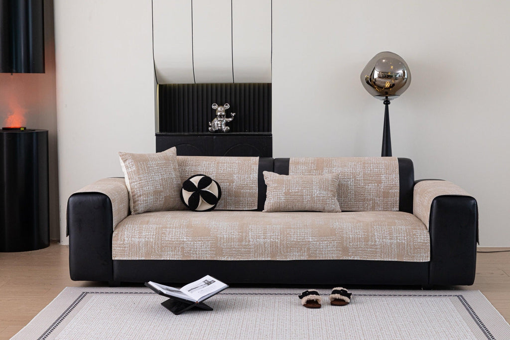Sofa Decor Hampton Plaid Jacquard Sofa Seat Cover in Warm Beige Plaid - styled sofa image for plaid sofa seat covers in the UK