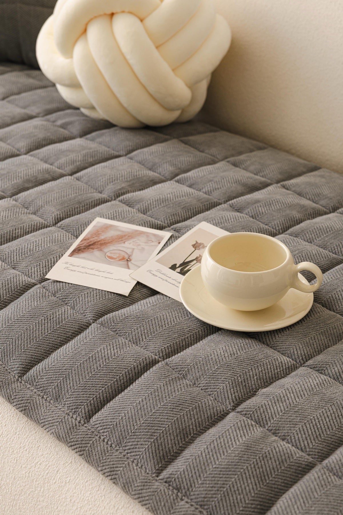 Sofa Decor Haven Quilted Corduroy Sofa Cover Piece in Charcoal Grey - close sofa seat styling view for quilted corduroy sofa cover pieces in the UK, image 8