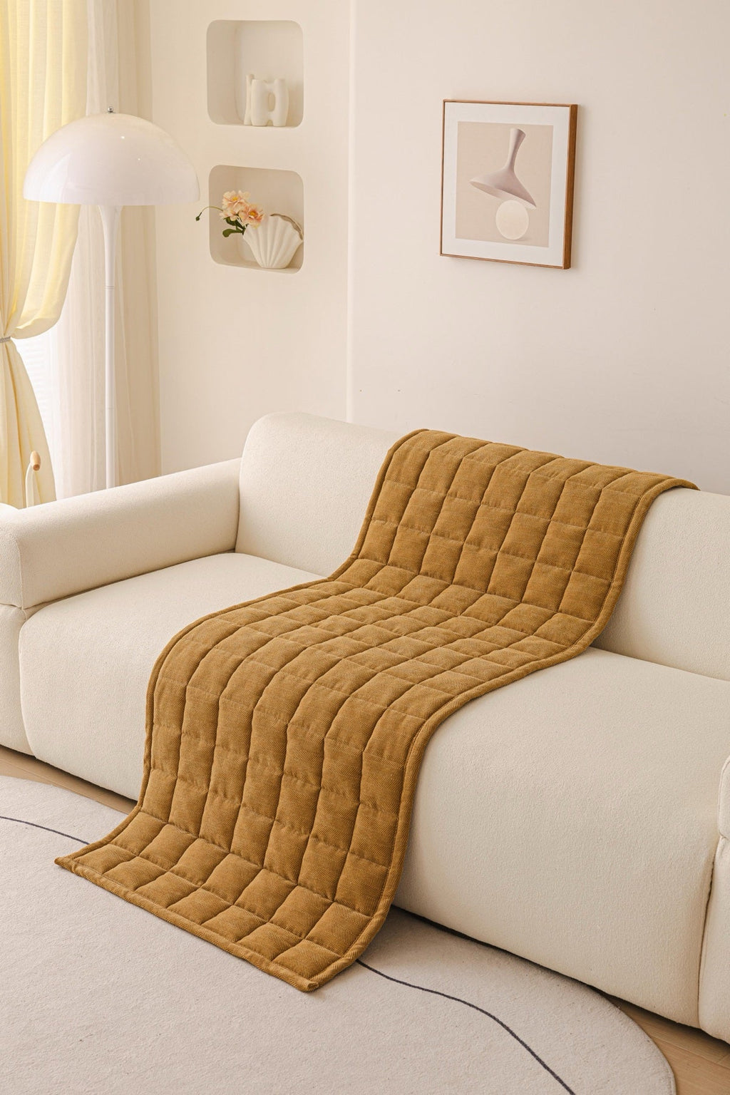 Sofa Decor Haven Quilted Corduroy Sofa Cover Piece in Ochre Gold - draped sofa cover piece view for quilted corduroy sofa cover pieces in the UK, image 20