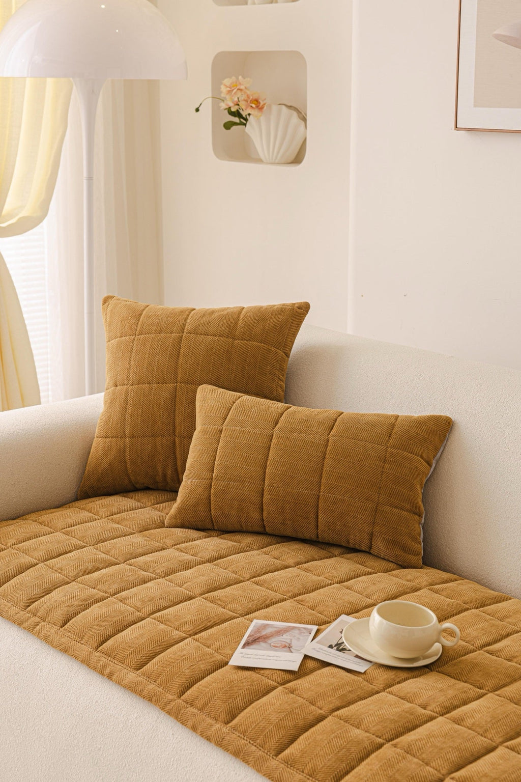 Sofa Decor Haven Quilted Corduroy Sofa Cover Piece in Ochre Gold - styled quilted sofa cover piece for quilted corduroy sofa cover pieces in the UK, image 22