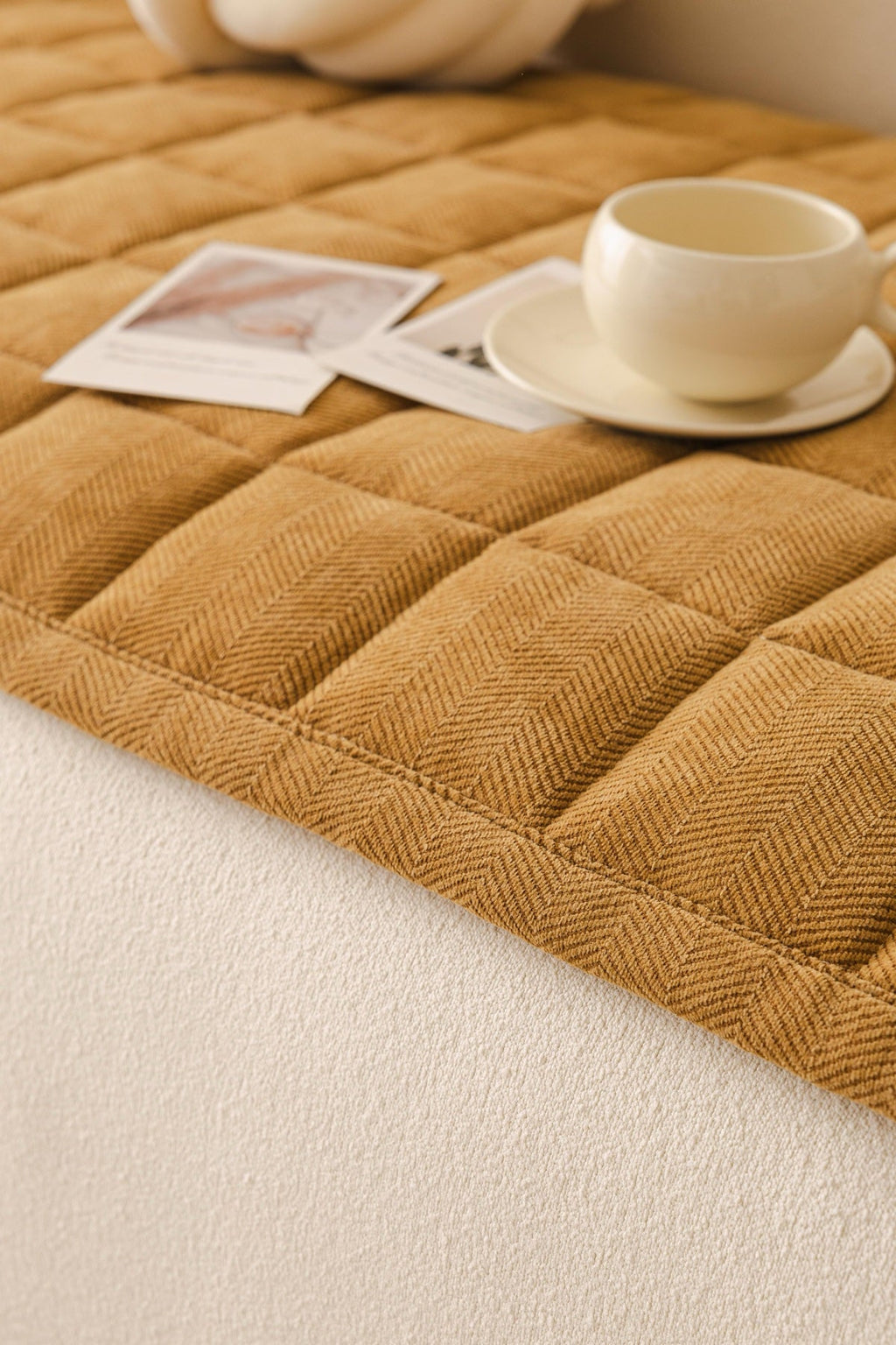 Sofa Decor Haven Quilted Corduroy Sofa Cover Piece in Ochre Gold - close sofa seat styling view for quilted corduroy sofa cover pieces in the UK, image 23