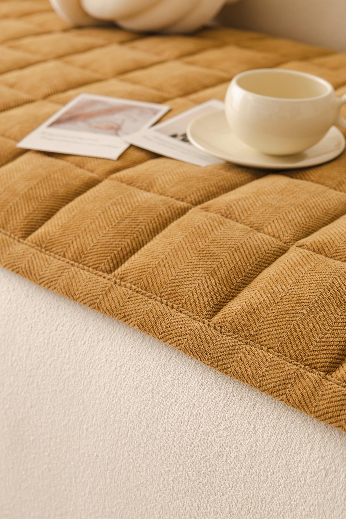 Sofa Decor Haven Quilted Corduroy Sofa Cover Piece in Ochre Gold - close sofa seat styling view for quilted corduroy sofa cover pieces in the UK, image 23