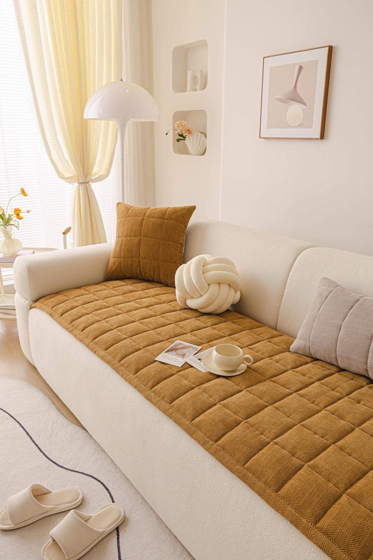 Sofa Decor Haven Quilted Corduroy Sofa Cover Piece in Ochre Gold - styled quilted sofa cover piece for quilted corduroy sofa cover pieces in the UK, image 17
