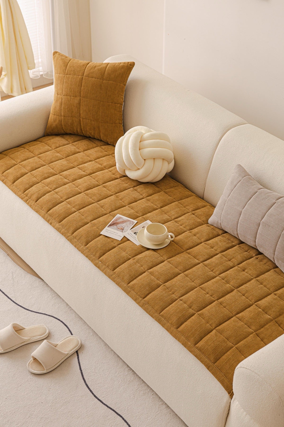 Sofa Decor Haven Quilted Corduroy Sofa Cover Piece in Ochre Gold - styled quilted sofa cover piece for quilted corduroy sofa cover pieces in the UK, image 18