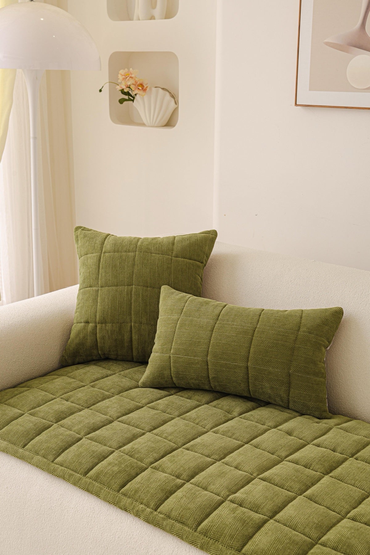 Sofa Decor Haven Quilted Corduroy Sofa Cover Piece in Olive Green - styled quilted sofa cover piece for quilted corduroy sofa cover pieces in the UK, image 33