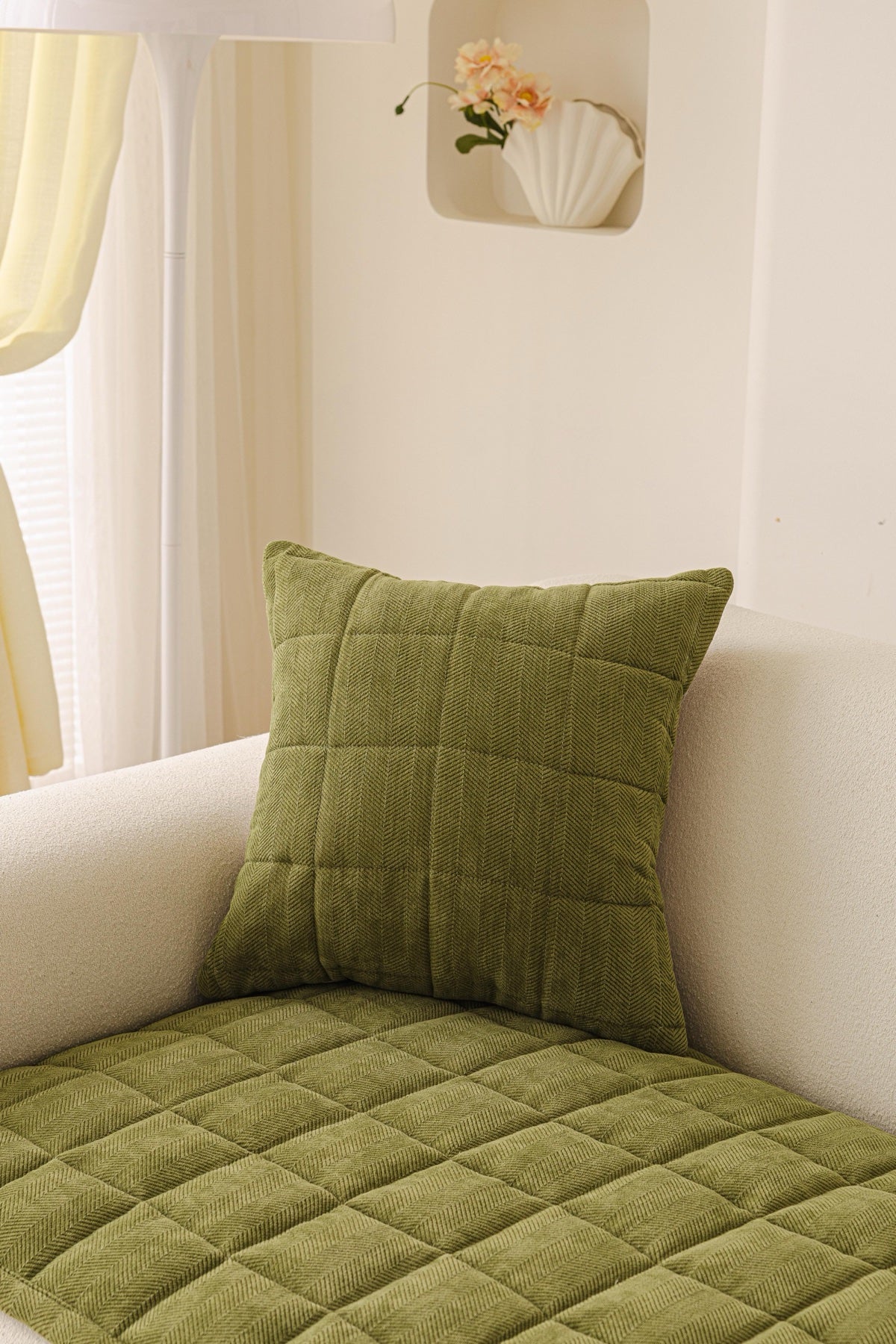 Sofa Decor Haven Quilted Corduroy Sofa Cover Piece in Olive Green - styled quilted sofa cover piece for quilted corduroy sofa cover pieces in the UK, image 34