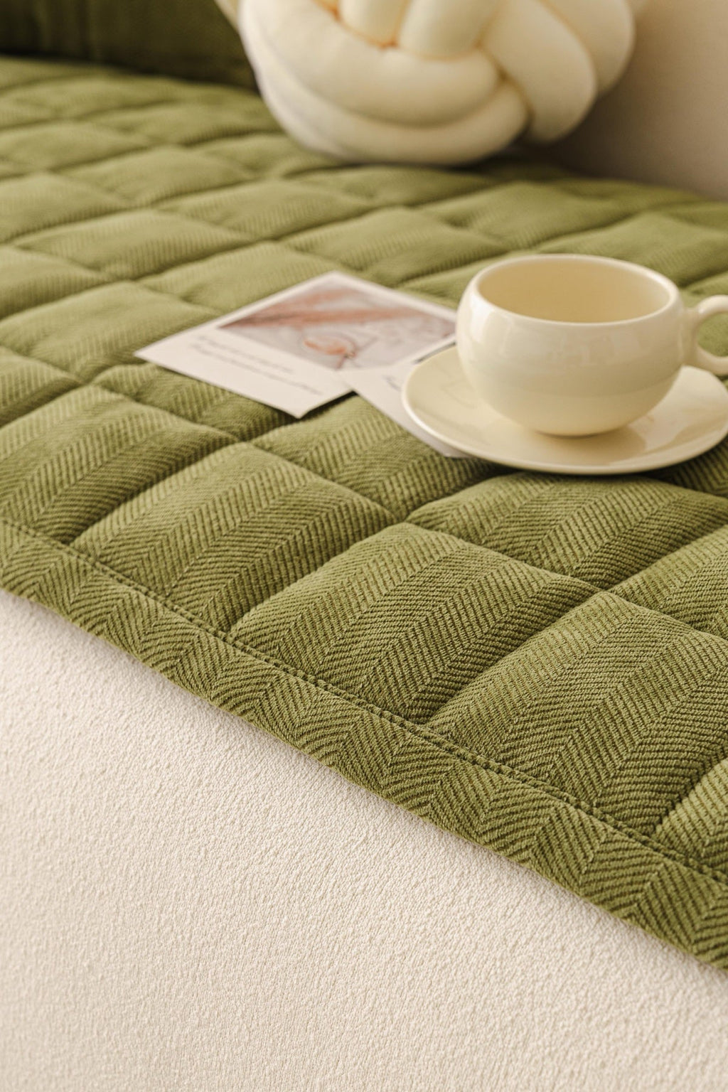 Sofa Decor Haven Quilted Corduroy Sofa Cover Piece in Olive Green - close sofa seat styling view for quilted corduroy sofa cover pieces in the UK, image 35