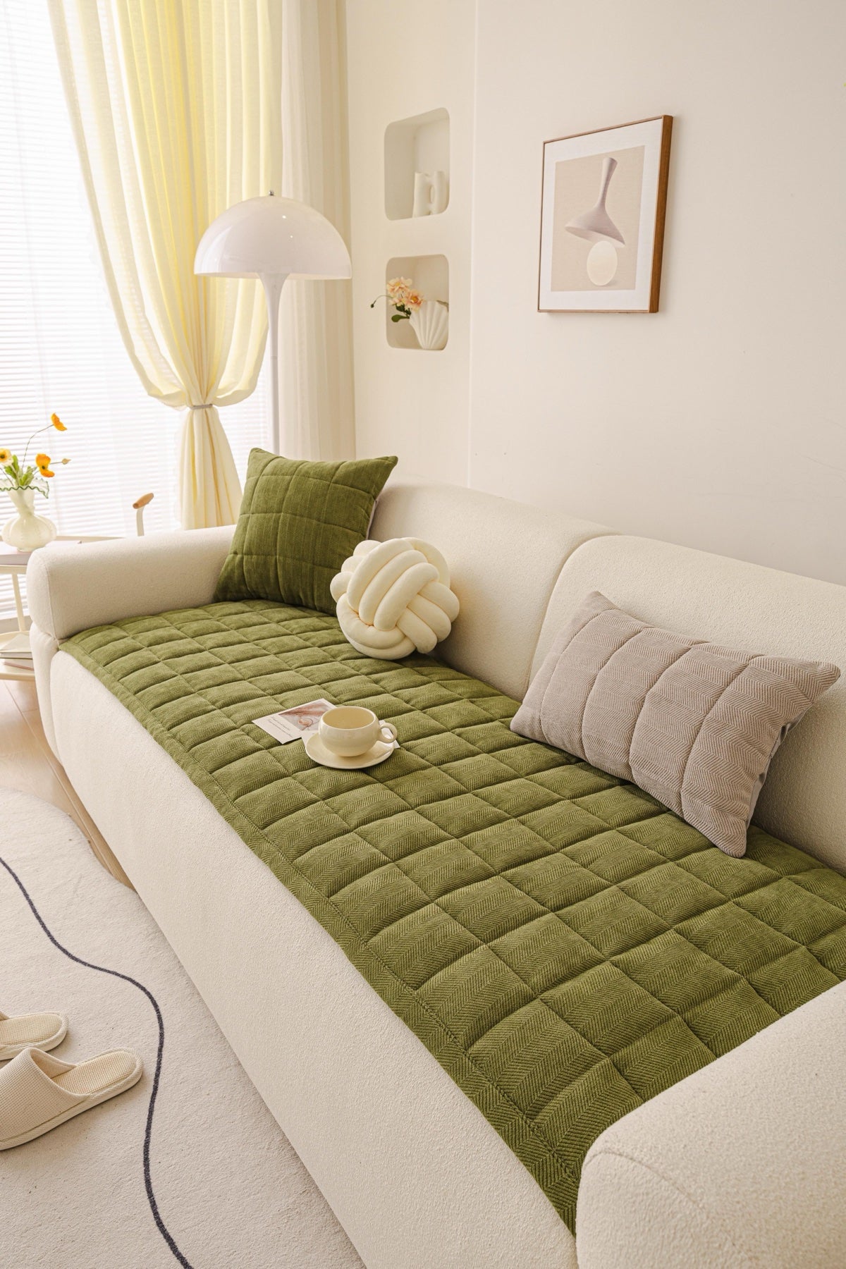 Sofa Decor Haven Quilted Corduroy Sofa Cover Piece in Olive Green - styled quilted sofa cover piece for quilted corduroy sofa cover pieces in the UK, image 26