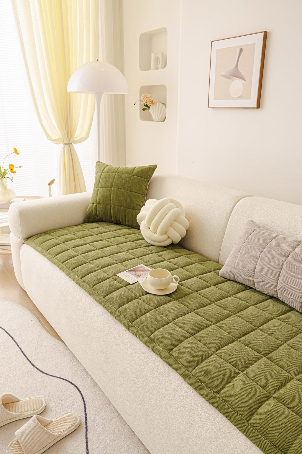 Sofa Decor Haven Quilted Corduroy Sofa Cover Piece in Olive Green - styled quilted sofa cover piece for quilted corduroy sofa cover pieces in the UK, image 30