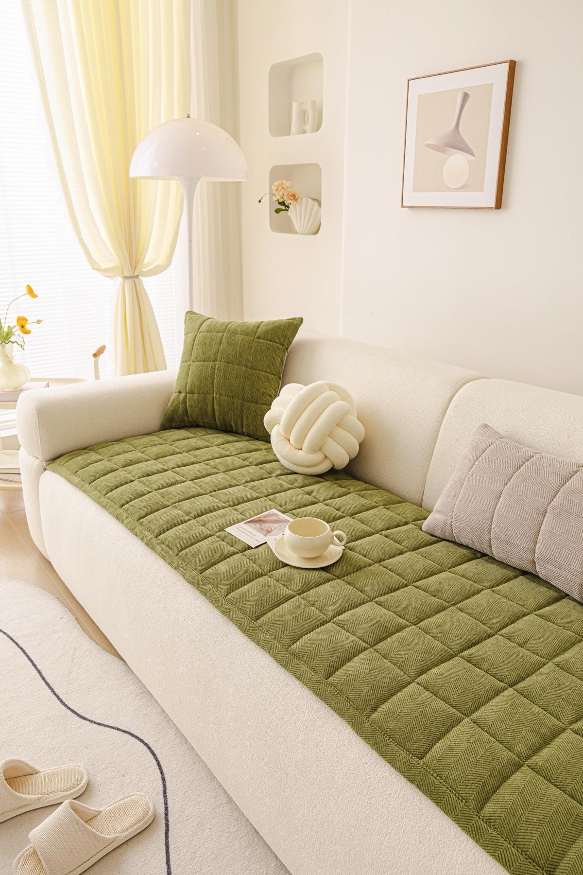 Sofa Decor Haven Quilted Corduroy Sofa Cover Piece in Olive Green - styled quilted sofa cover piece for quilted corduroy sofa cover pieces in the UK, image 30