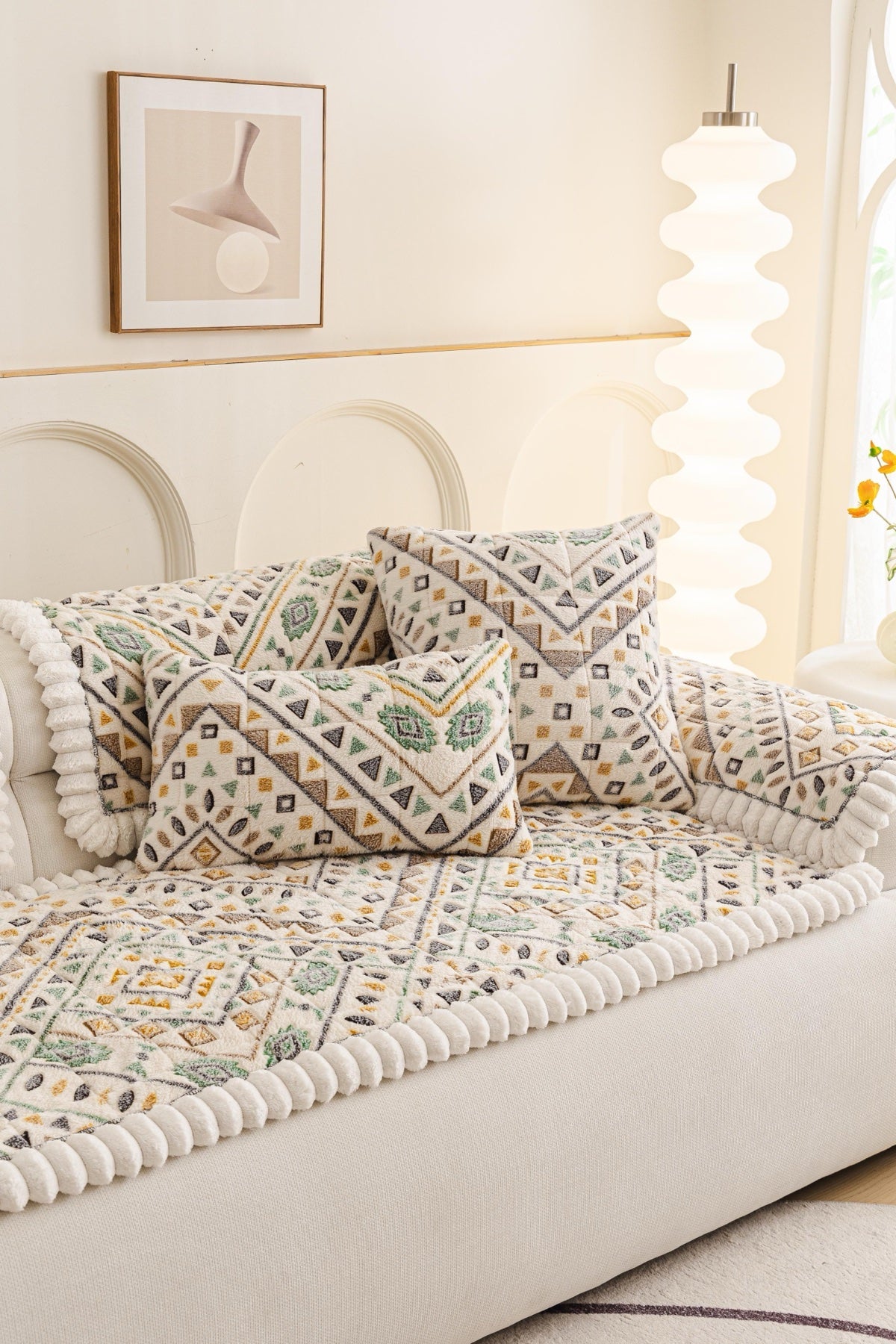Sofa Decor Liora Pom Edge Boho Sofa Seat Cover - styled sofa fit view for boho sofa cover piece in the UK, image 19