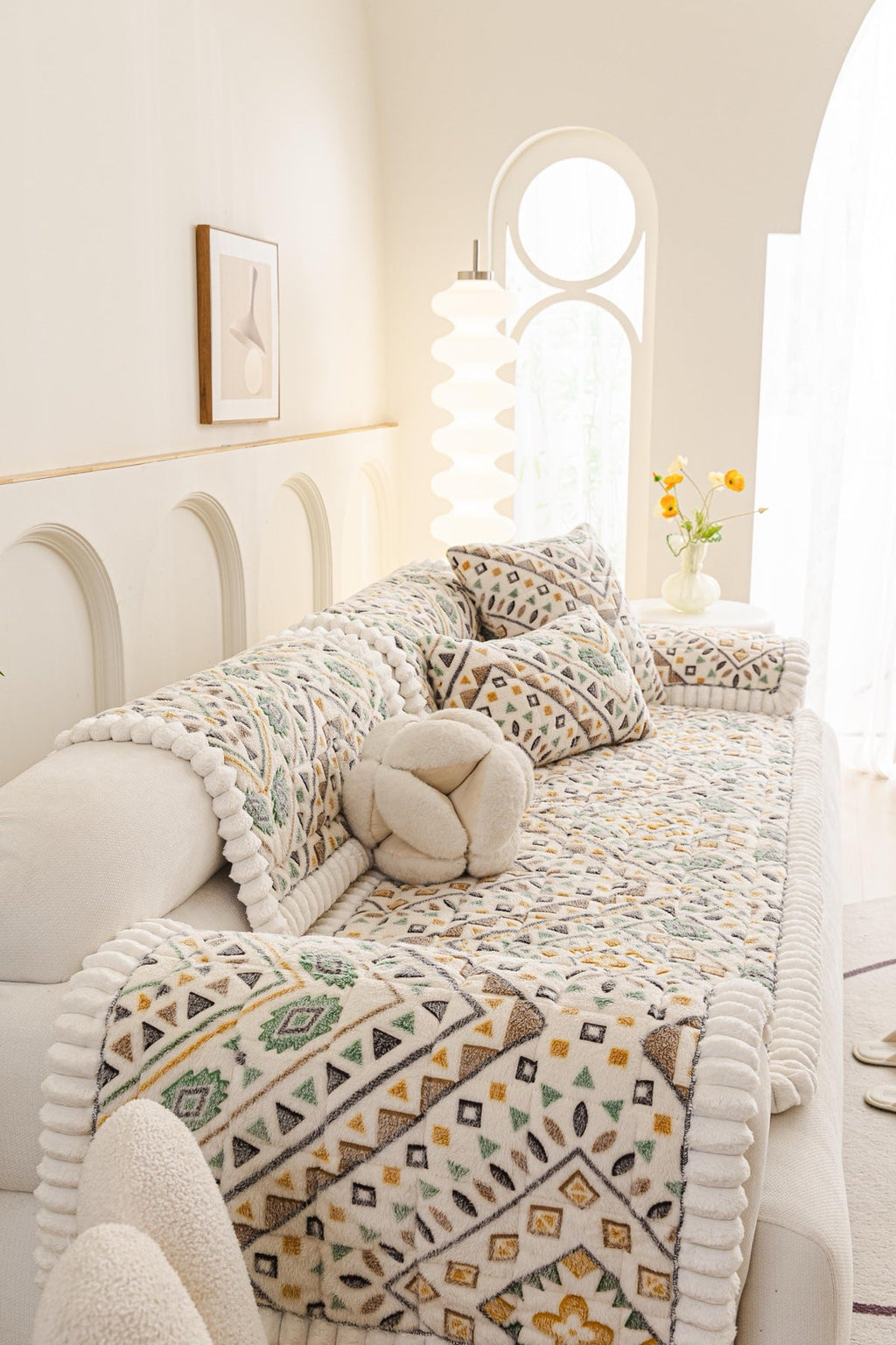 Sofa Decor Liora Pom Edge Boho Sofa Seat Cover - styled sofa fit view for boho sofa cover piece in the UK, image 16