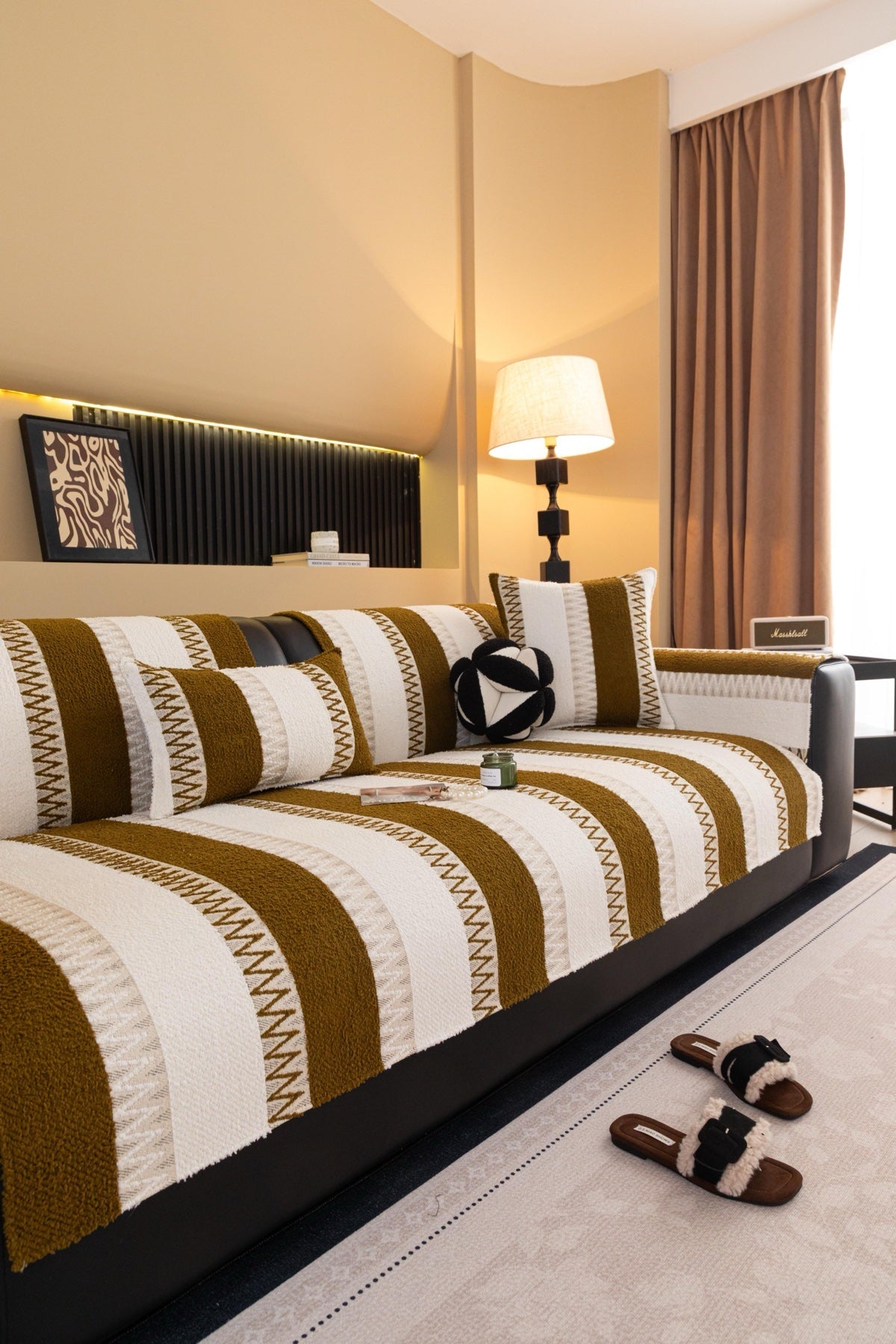 Sofa Decor Marlow Plush Stripe Sofa Seat Cover in Caramel Brown Stripe - lifestyle image for plush striped couch cover pieces in the UK