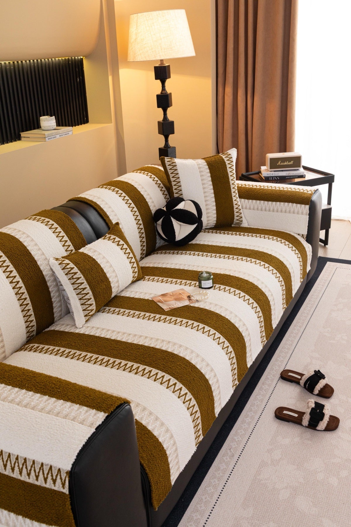 Sofa Decor Marlow Plush Stripe Sofa Seat Cover in Caramel Brown Stripe - detail image for plush striped couch cover pieces in the UK