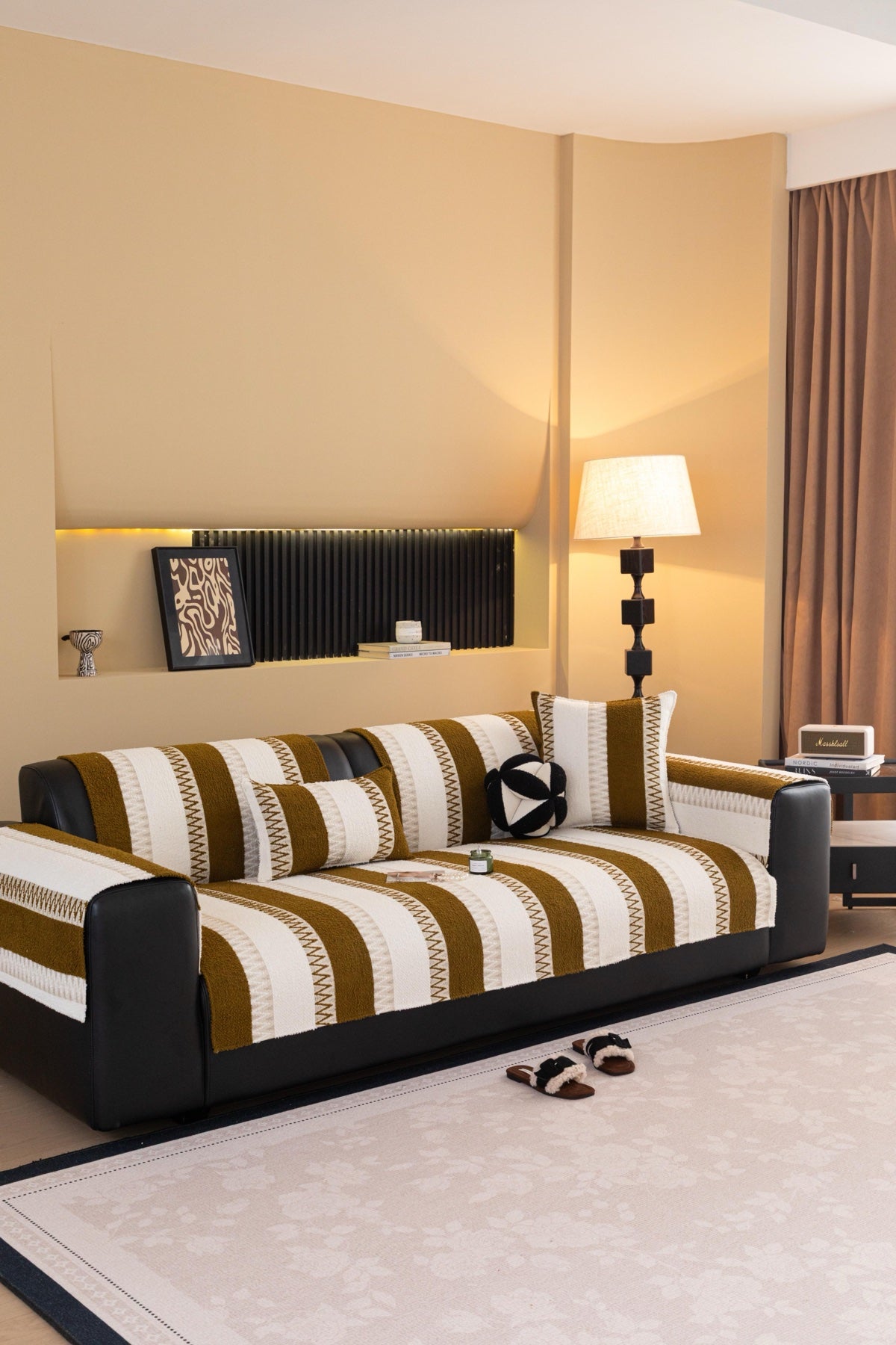 Sofa Decor Marlow Plush Stripe Sofa Seat Cover in Caramel Brown Stripe - detail image for plush striped couch cover pieces in the UK