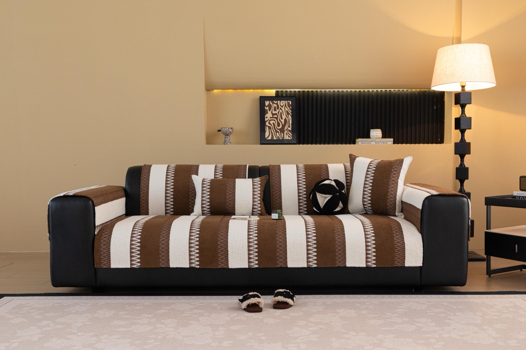 Sofa Decor Marlow Plush Stripe Sofa Seat Cover in Mocha Brown Stripe - lifestyle image for plush striped couch cover pieces in the UK