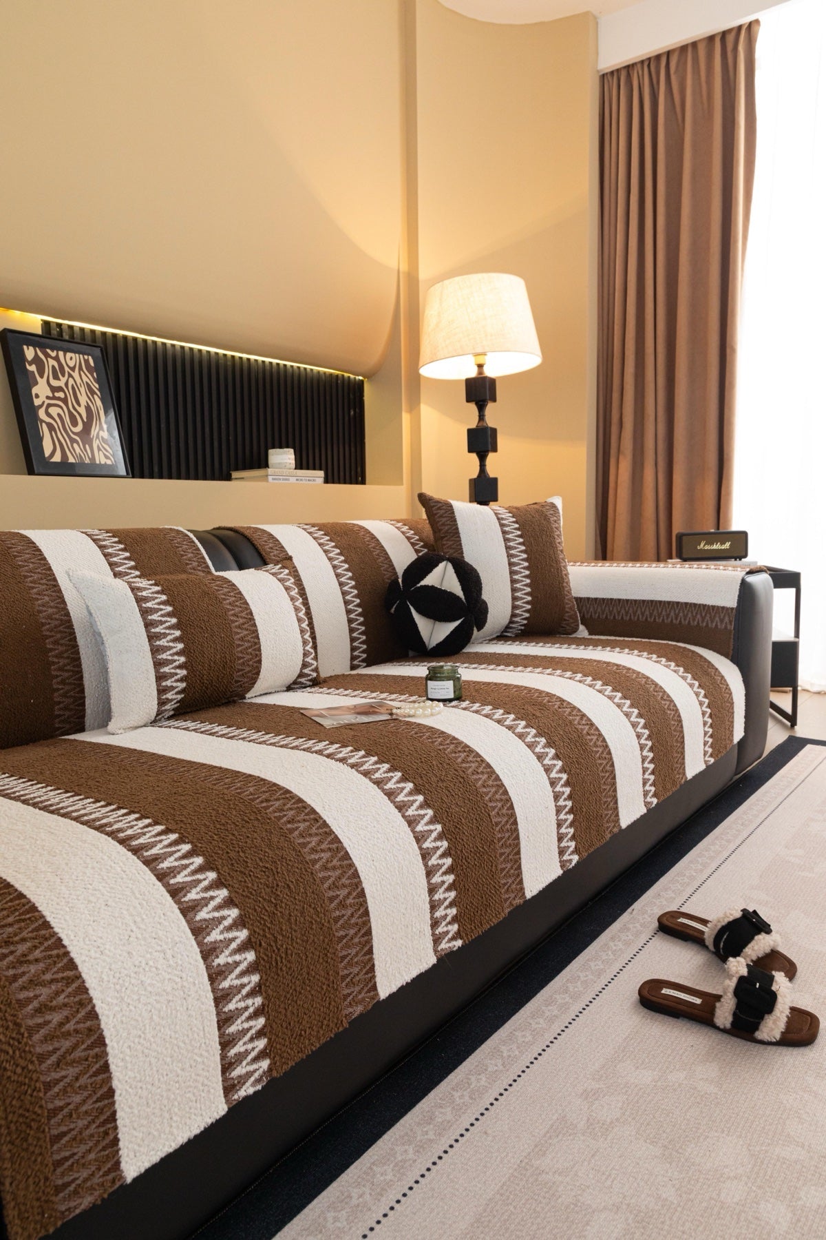 Sofa Decor Marlow Plush Stripe Sofa Seat Cover in Mocha Brown Stripe - detail image for plush striped couch cover pieces in the UK