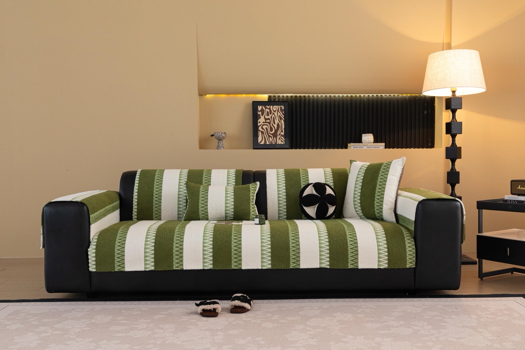Sofa Decor Marlow Plush Stripe Sofa Seat Cover in Olive Green Stripe - lifestyle image for plush striped couch cover pieces in the UK