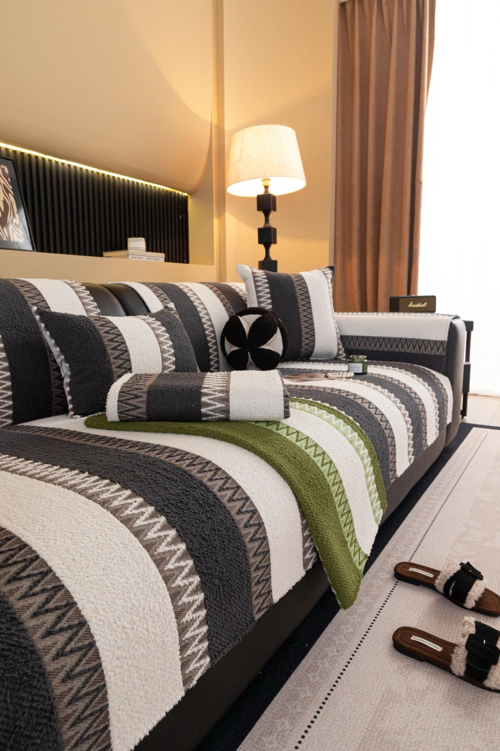 Sofa Decor Marlow Plush Stripe Sofa Seat Cover in Olive Green Stripe - detail image for plush striped couch cover pieces in the UK