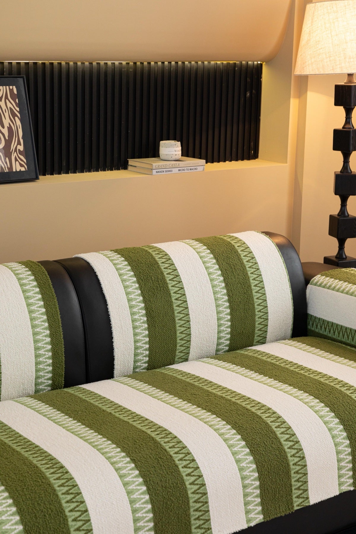 Sofa Decor Marlow Plush Stripe Sofa Seat Cover in Olive Green Stripe - detail image for plush striped couch cover pieces in the UK